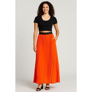YA Los Angeles Pleated Maxi Skirt L Burnt Orange Silk Blend Elastic NWT Festival